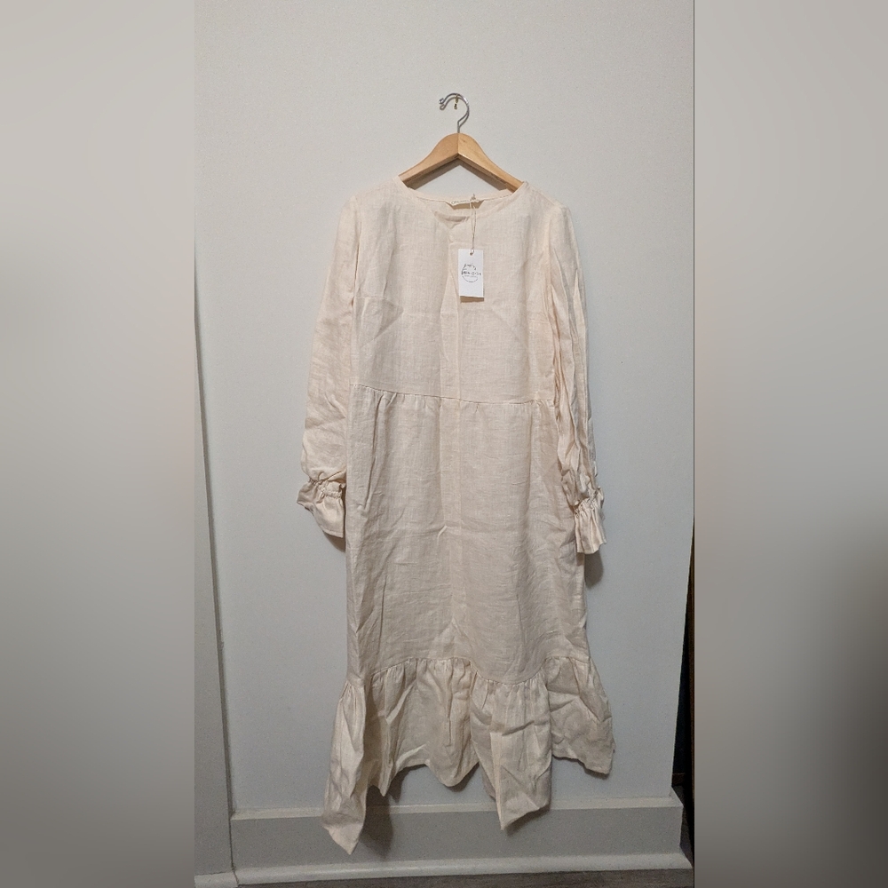 Cream Long Sleeve Linen Ruffle Hem Dress